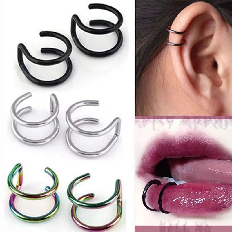 316L Stainless Steel Clip-On Ear Cuffs & Fake Lip Rings – Non Piercing Jewelry for Men & Women