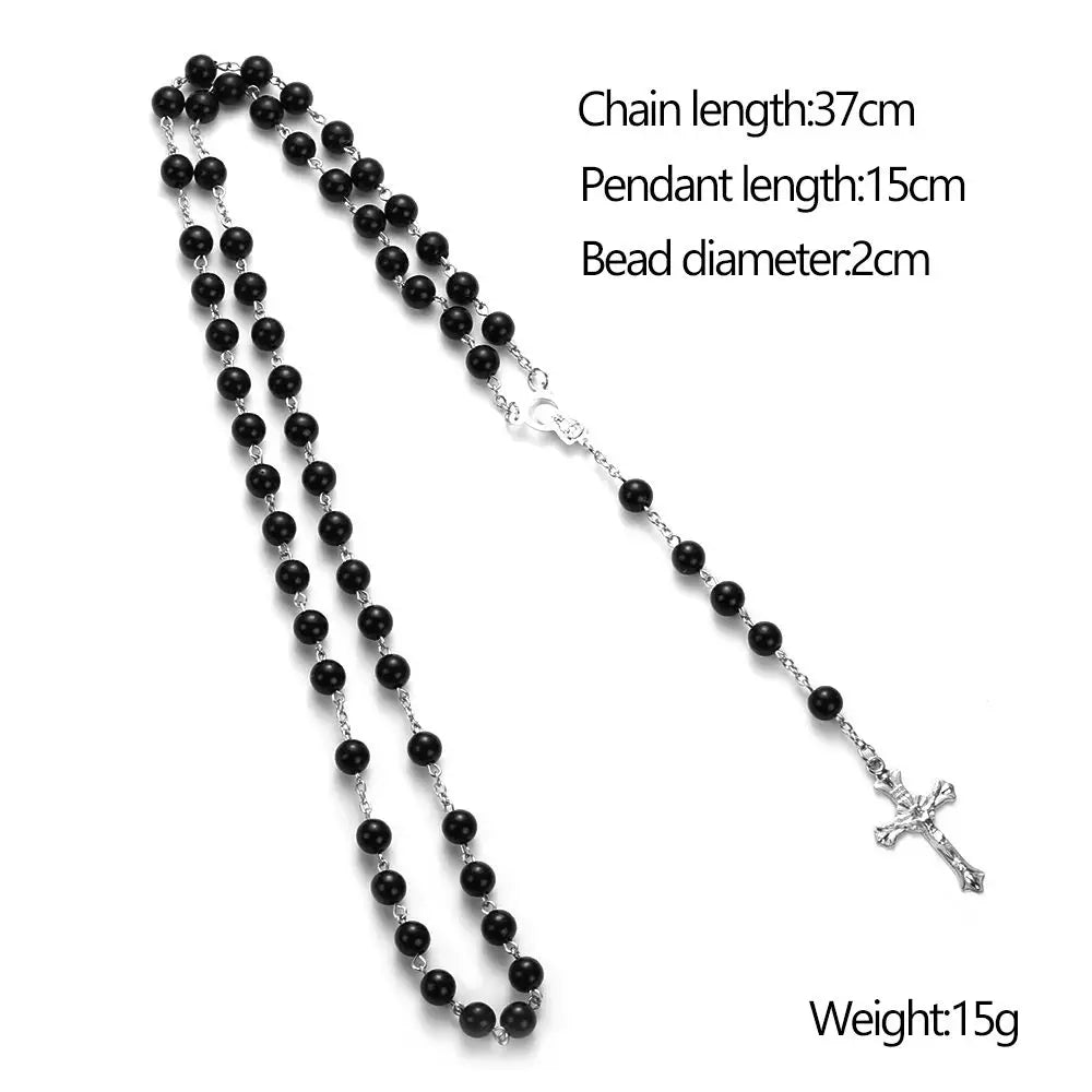 Vintage Cross Rosary Necklace – Fashion Beaded Chain with Jesus Crucifix & Virgin Mary Pendant Religious Jewelry for Men & Women