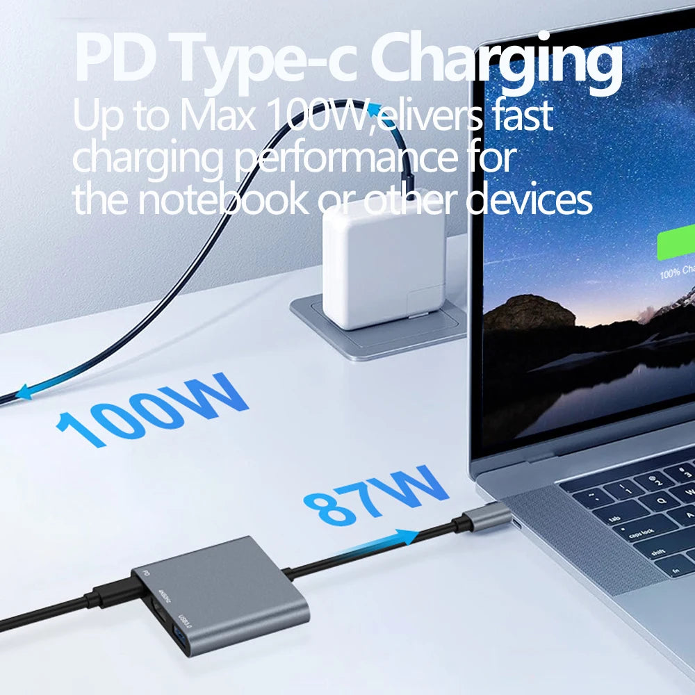 Tebe 3-in-1 USB-C Hub Adapter – 4K 60Hz HDMI, USB 3.0 & 100W PD Fast Charging for MacBook, iPad, Dell & Nintendo Switch