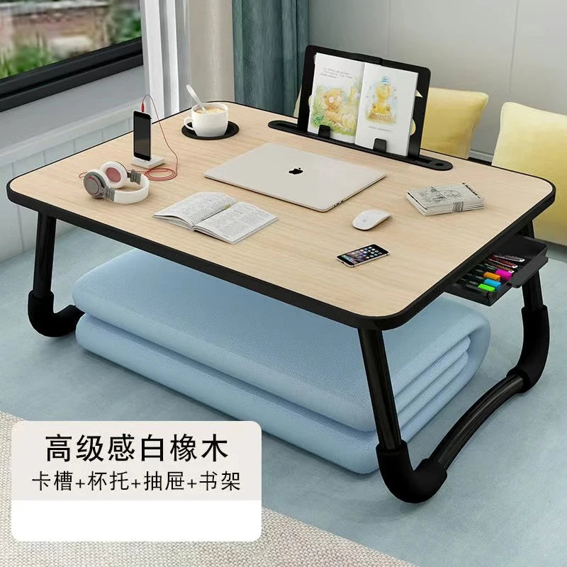 Foldable Laptop Desk for Bed & Sofa – Portable Lap Table with Cup, Book Holder, Drawer, and USB Slot