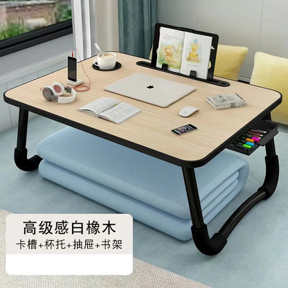 Foldable Laptop Desk for Bed & Sofa – Portable Lap Table with Cup, Book Holder, Drawer, and USB Slot