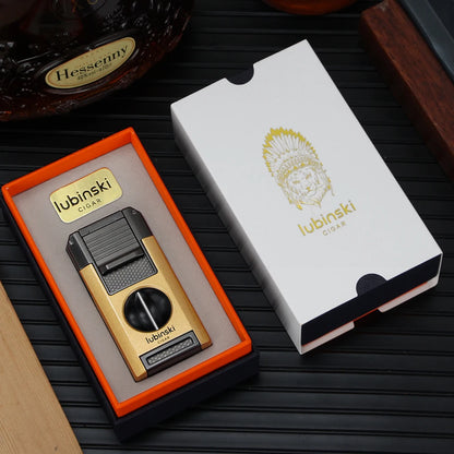 LUBINSKI 2-Torch Cigar Lighter – Metal Butane Gas Lighter with V-Cutter, Punch, and Needle Dredge for Cigar