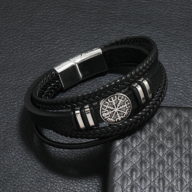 Fashion Men’s Multi-Layer Braided Leather Bracelet – Scripture, Compass & Evil Eye Design