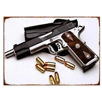 Pistol Metal Wall Sign - Military Style Decoration for Man Cave Home Cafe Bar Garden