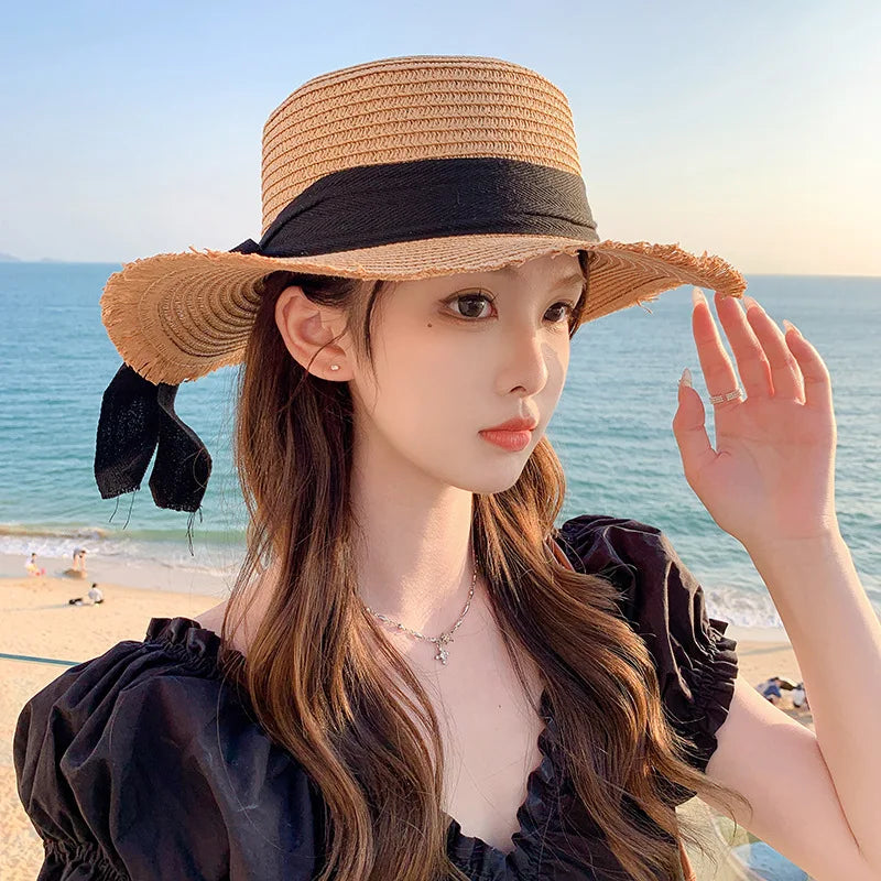 Bow Straw Hat for Women – Wide Brim Sun Visor Cap for Beach, Summer Vacation & Outdoor Sun Protection