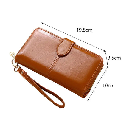 Women’s Vintage PU Leather Clutch Wallet — Large Capacity Phone Purse with Wristband, Simple Card Holder Pouch Bag