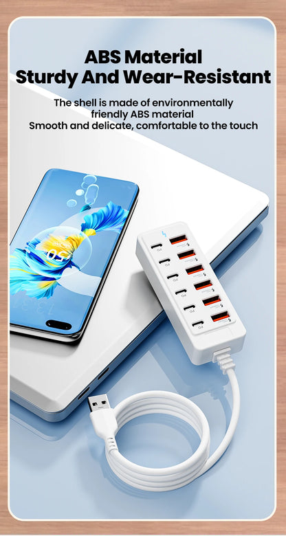 12-in-1 Power Strip & USB Charger Station — Multi-Port Wall/Desktop Adapter with USB-C Fast Charging for iPhone & Samsung