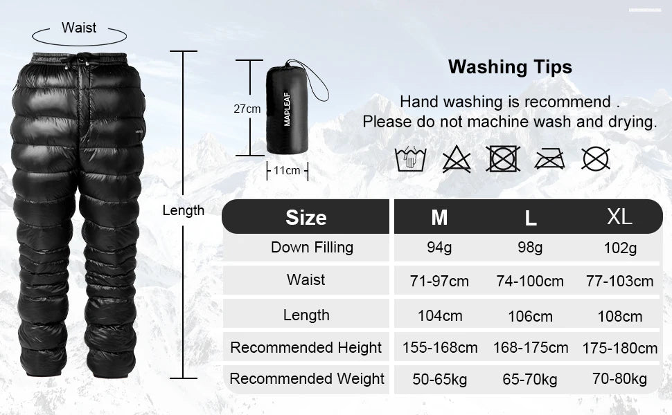 MAPLELEAF Ultralight Down Pants – 800FP Warm Winter Ski, Snow, Windproof & Waterproof Trousers for Camping & Hiking