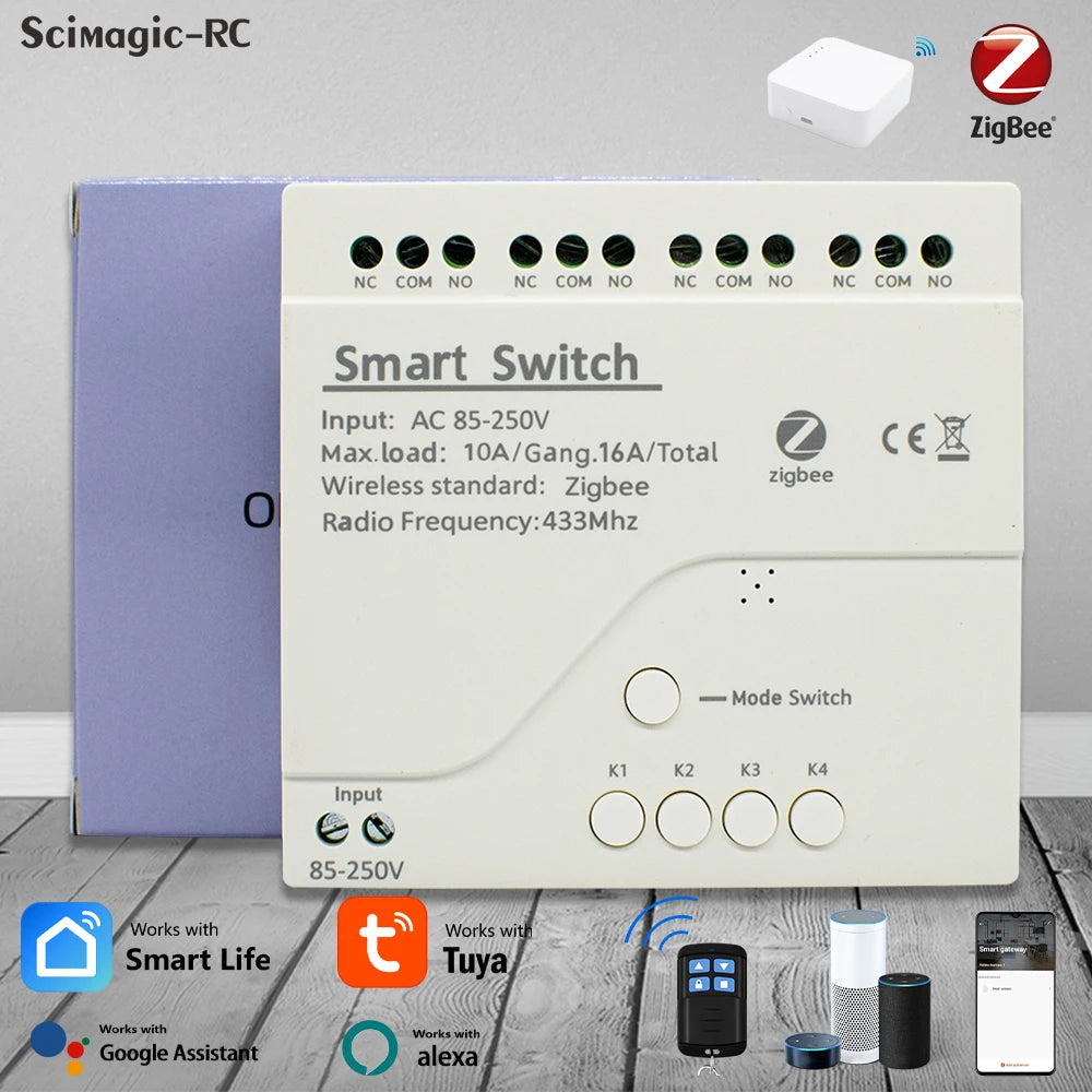 Tuya Zigbee & eWeLink Smart WiFi Module Switch, 4CH Relay 12V/24V/110V/220V RF 433 Remote Control, Works with Alexa & Google Home