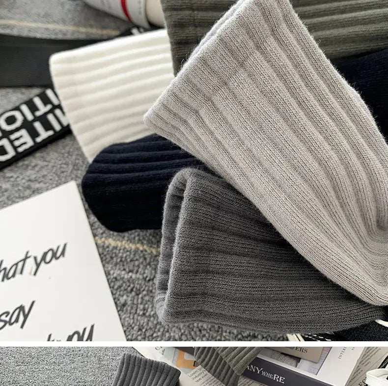 5 Pairs Cool Men's Socks Set – Black & White, Warm Autumn/Winter Sport Short Socks, Solid Color for Men
