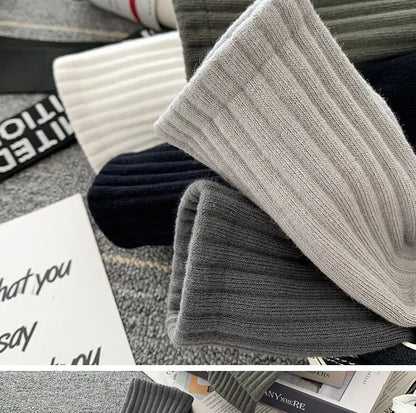 5 Pairs Cool Men's Socks Set – Black & White, Warm Autumn/Winter Sport Short Socks, Solid Color for Men