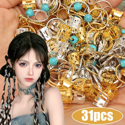 31PCS Turquoise Hollow-Out Hair Rings — Dreadlock & Braid Beads, Hair Braid Tubes Charm Jewelry for Styling
