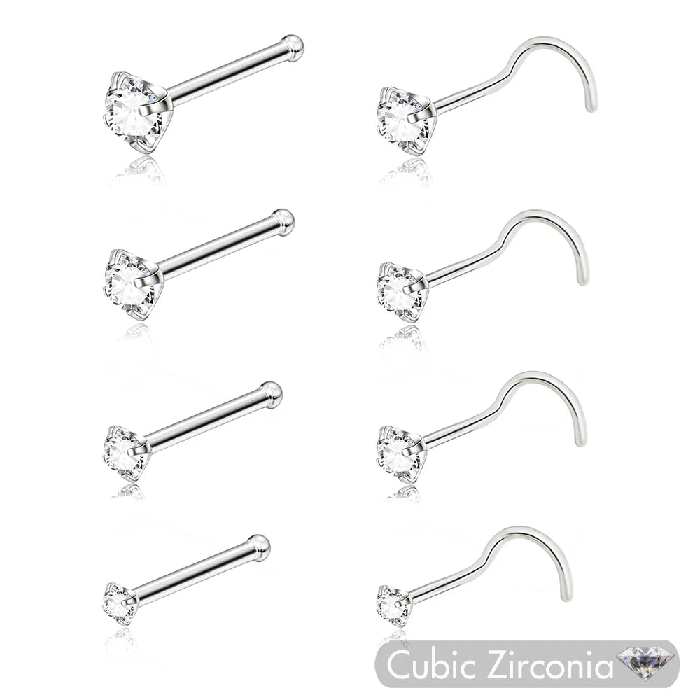 5PCS Stainless Steel Nose Ring Studs — Crystal Nostril Piercing Jewelry for Women & Girls, 1.5/2.0/2.5/3.0mm, 20G