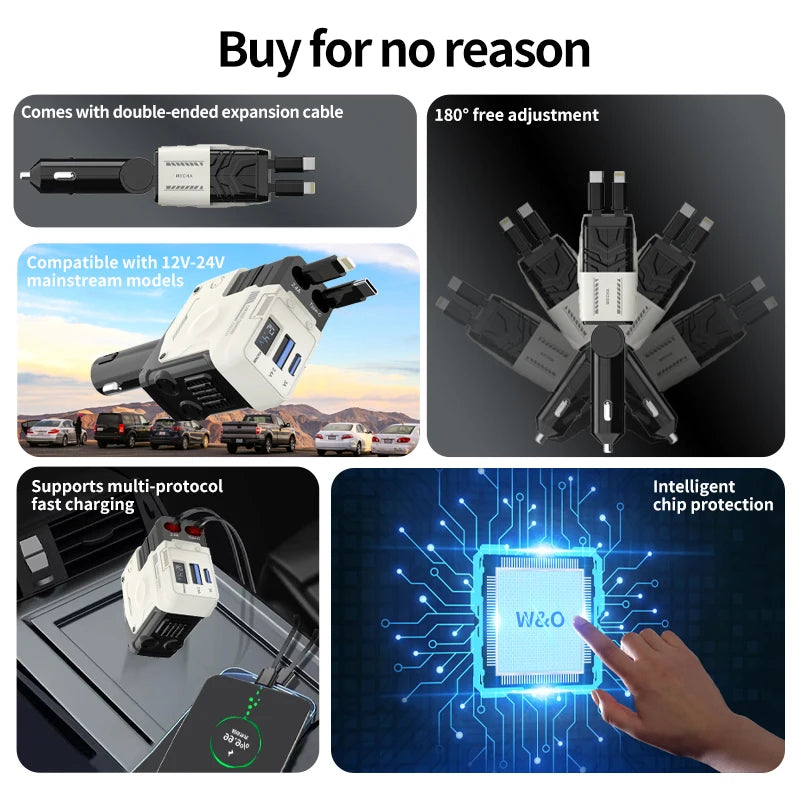 120W Car Charger | 4-in-1 Retractable Cigarette Lighter Adapter with USB Type-C Fast Charging Cable for iPhone & Android