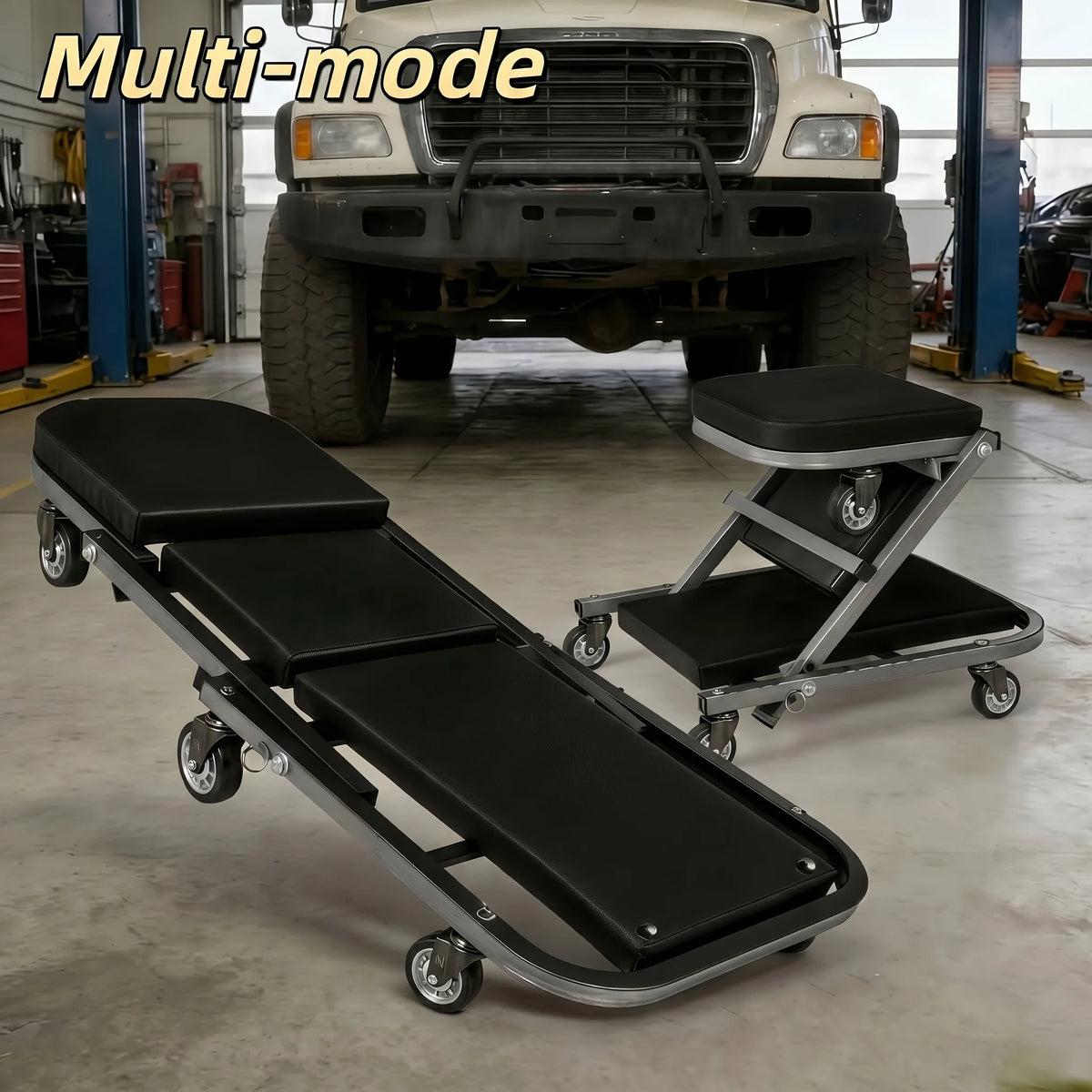 3-in-1 Rolling Auto Repair Creeper Seat - Foldable Adjustable Garage Tool Tray, 300 lb Capacity