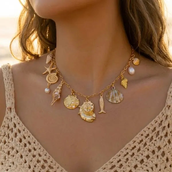 Bohemian Shell Layered Necklace - Vintage Starfish & Turtle Blue Beaded Beach Jewelry for Women