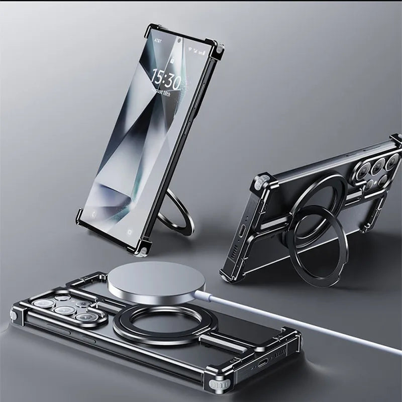 Magnetic Metal Phone Case for Samsung Galaxy S24/S23 Ultra – Aluminum Alloy Frameless Bumper with Finger Ring