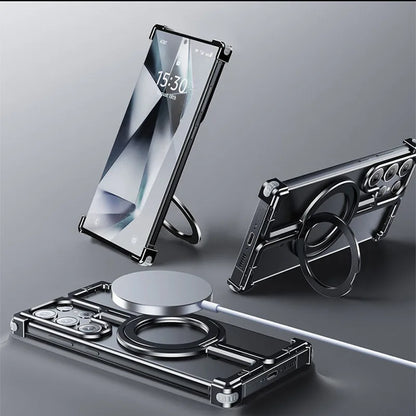 Magnetic Metal Phone Case for Samsung Galaxy S24/S23 Ultra – Aluminum Alloy Frameless Bumper with Finger Ring
