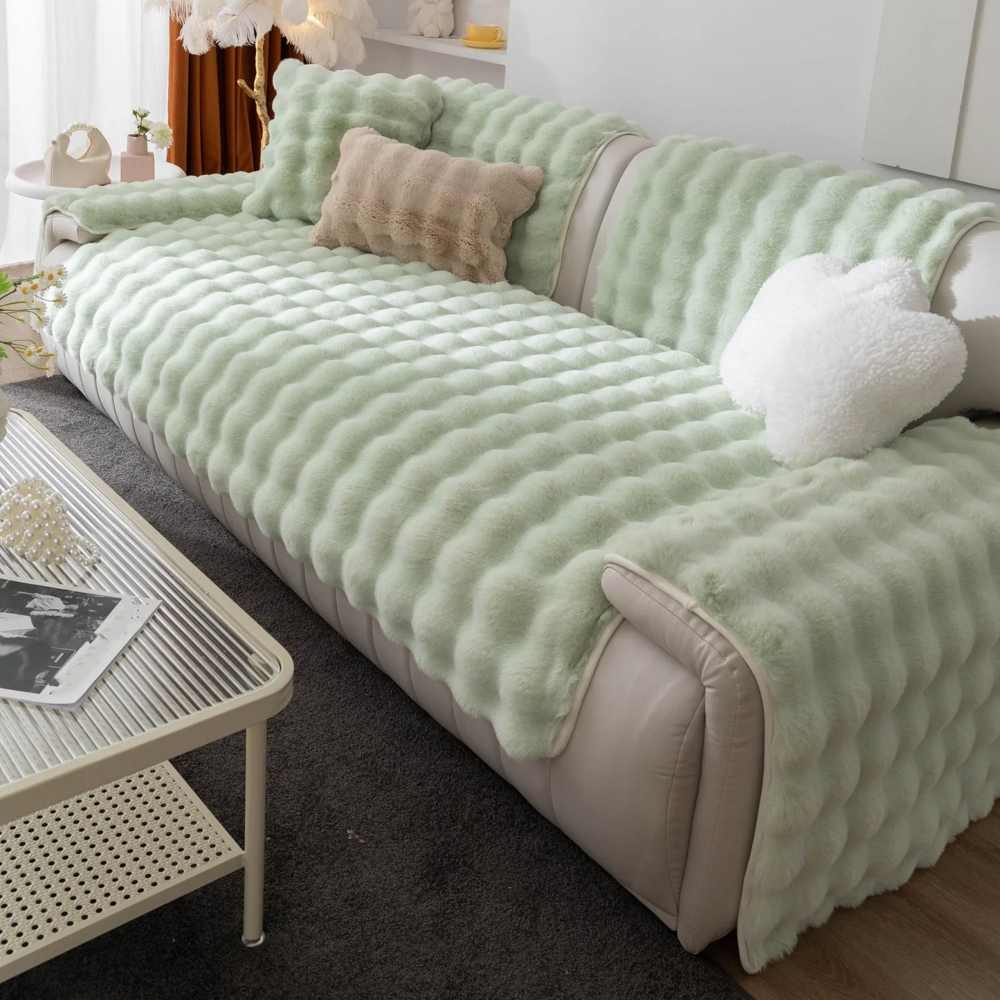 Thick Rabbit Fur Plush Sofa Slipcover - Non-Slip Soft Couch Cushion Cover for Modern Living Room Home Decor