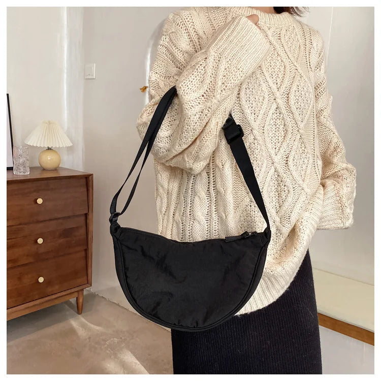 Solid Color Women's Portable Shoulder Bag – Simple Nylon Cloth Padded Crossbody Travel Purse & Messenger Bag