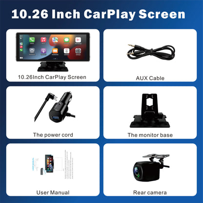 10.26" CarPlay Android Auto Car Stereo - IPS Touchscreen Multimedia Player with AUX, USB & Reversing Camera Support