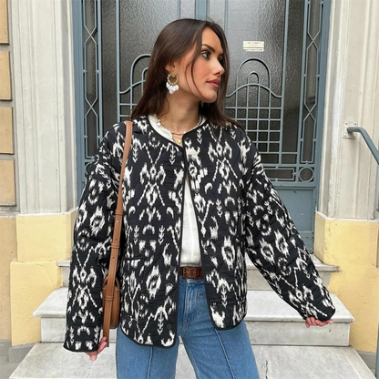 PB&ZA 2024 Spring Women's Fashion – Elegant Short Quilted Jacket Coat with Printed Design, Versatile Round Face Cut