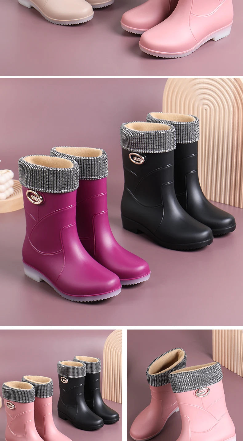 Women’s Fashion Mid-Tube Rain Boots – Wear-Resistant, Waterproof Rubber Shoes with Thick Sole, Non-Slip & Cotton Lining