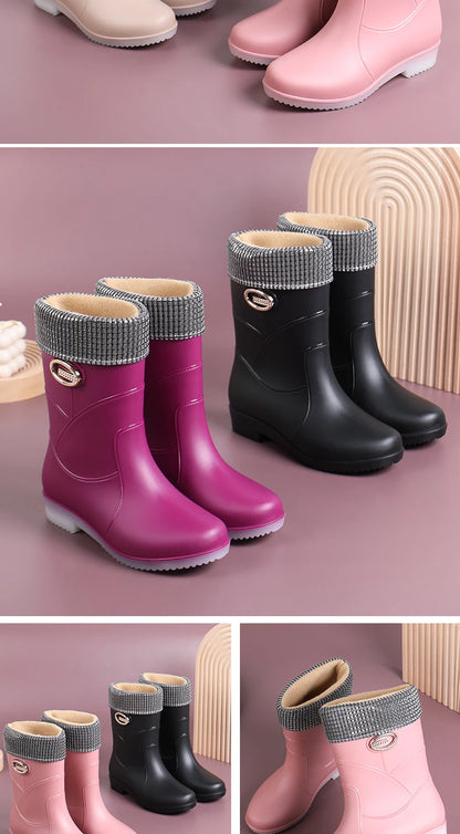 Women’s Fashion Mid-Tube Rain Boots – Wear-Resistant, Waterproof Rubber Shoes with Thick Sole, Non-Slip & Cotton Lining