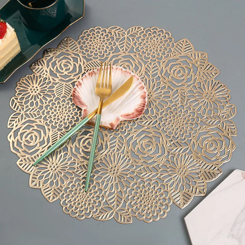 Hibiscus Flower Bronzing PVC Table Mat - Stylish Heat-Resistant Placemat for Home Christmas Decor