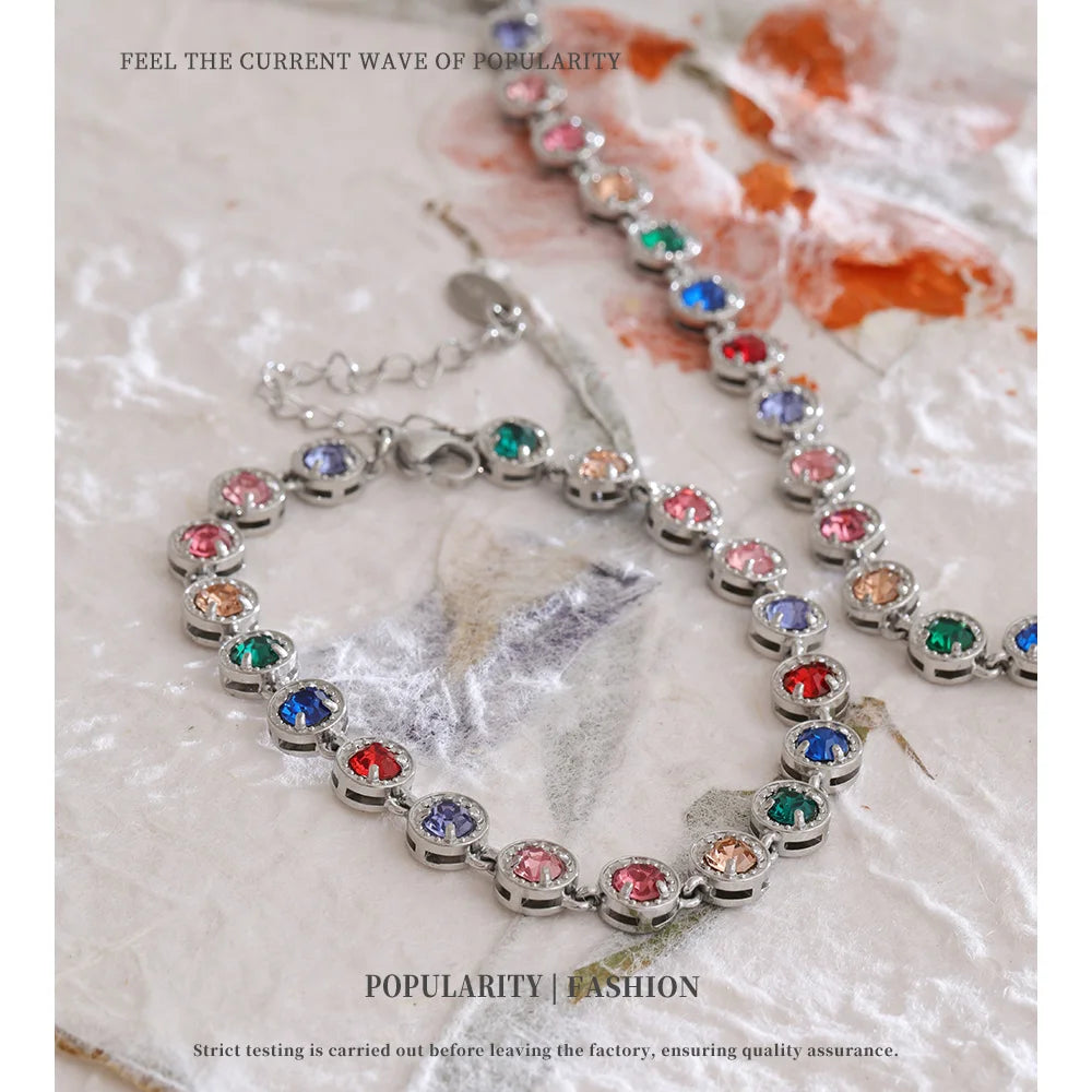 NiNice 316L Stainless Steel Jewelry Set – Colorful Cubic Zirconia Necklace and Bracelet, Exquisite Luxury Fashion Design