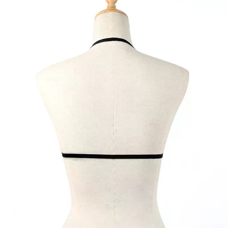 Black Strappy Cage Bra - Breathable Hollow-Out Bandage Lingerie with Elastic Binding Straps