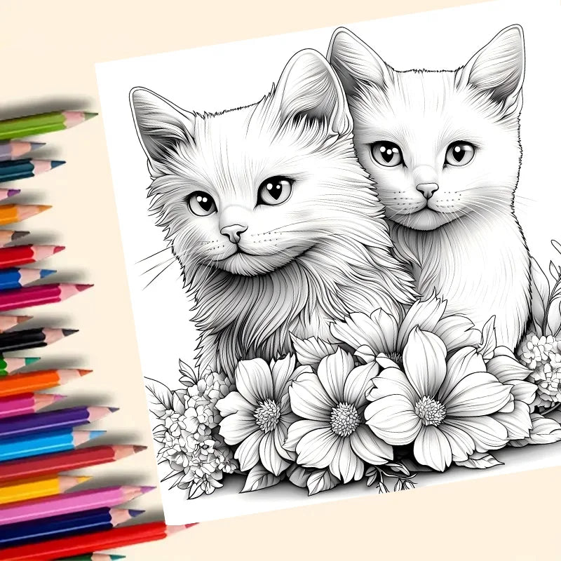 Animal Paradise Coloring Book for Adults - Cute Cats & Floral Designs for Relaxation and Creative Art Therapy