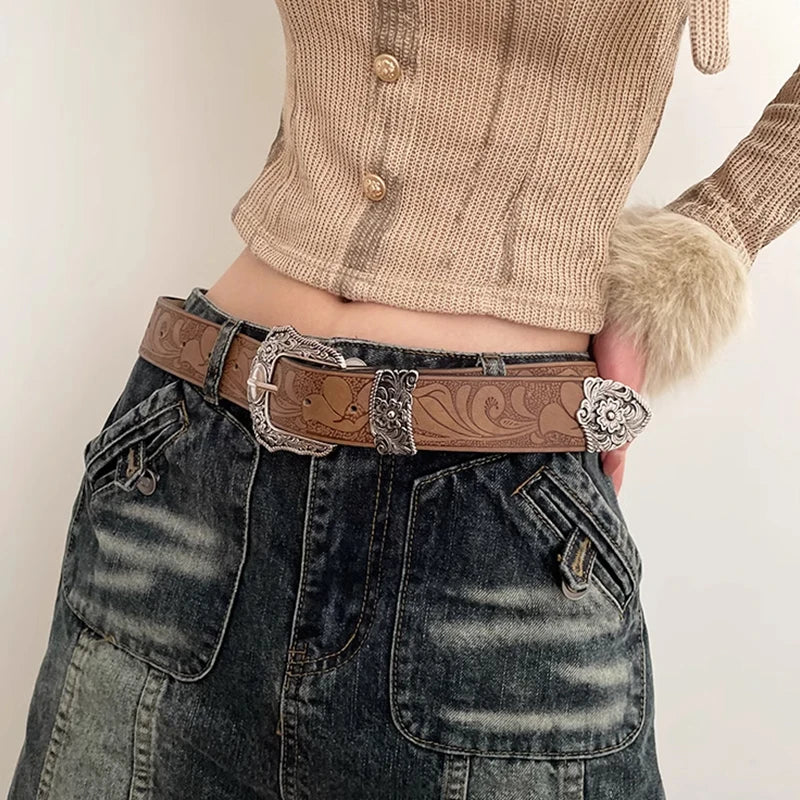 Western Brown PU Leather Vintage Belt for Women — Cowgirl Waist Belt with Metal Carved Buckle, 3-Set Designer Belts for Jeans