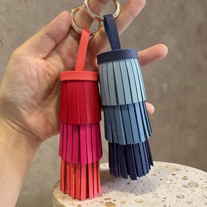 Bohemian Leather Tassel Charm - Thick Fringe Bag Accessory with Large Metal Ring