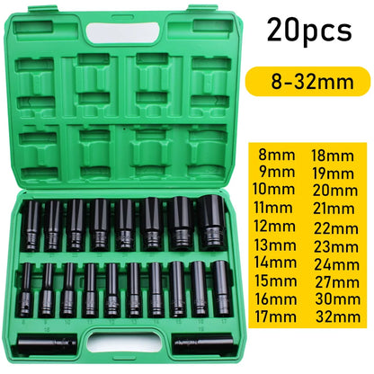 1/2 Inch Drive Impact Socket Set - 10/20PCS 6-Point Metric Carbon Steel Sockets 8-32mm with Storage Case