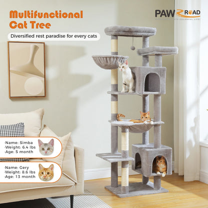 Large Cat Tree Tower – Multi-Level Plush Indoor Cat Condo with Scratching Posts, Boards, Perches & Caves