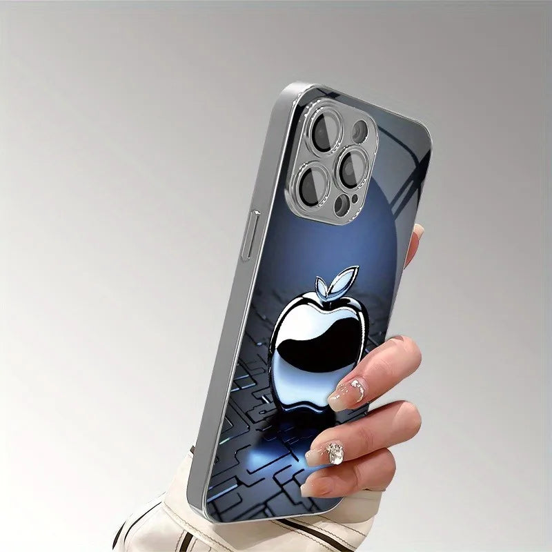 Apple Pattern Tempered Glass Phone Case - Electroplated Metal Style Cover for iPhone 12-18 Pro Max, Plus & 17 Air