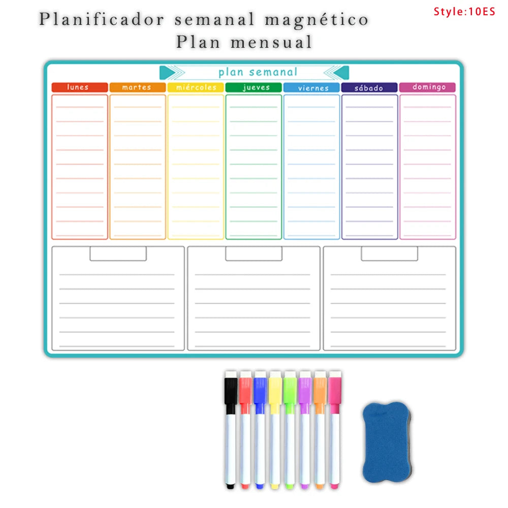 A3 Dry Erase Whiteboard Fridge Calendar – Weekly & Monthly Planner in Spanish, French, English
