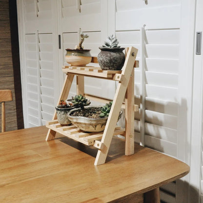 2-Tier Wooden Storage Shelf – Trapezoidal Desktop Organizer Rack for Office Stationery Display