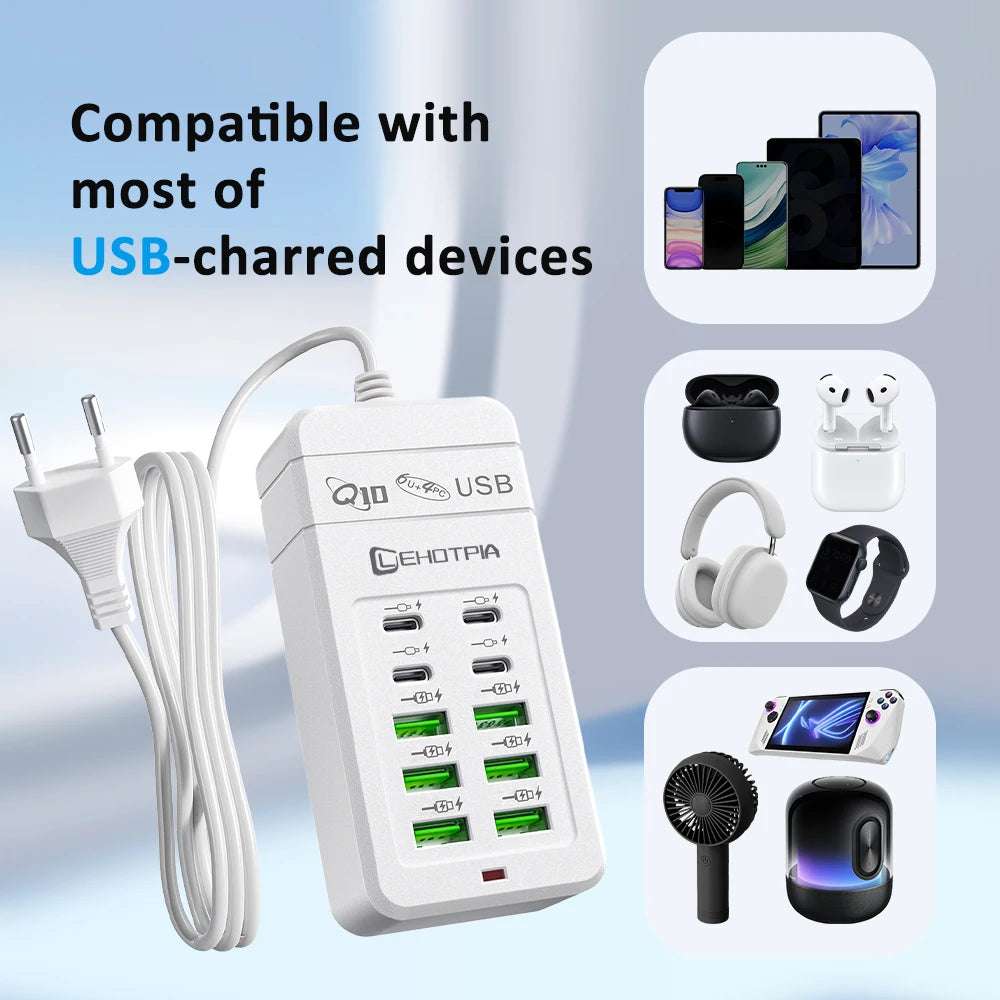 10-Port USB Fast Charger Adapter - EU UK US Plug Power Station with 6 USB-A & 4 USB-C Ports Extension Cord