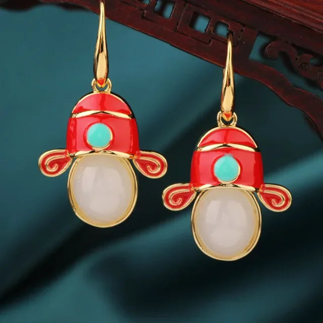 Vintage Flower Drop Earrings - Natural Stone Ethnic Jewelry for Women