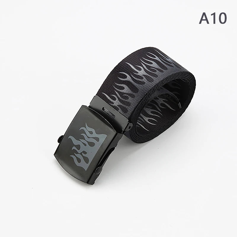 Hip Hop Fashion Canvas Belt – Personalized Flame Design, Casual & Punk Cowboy Belt for Men & Women