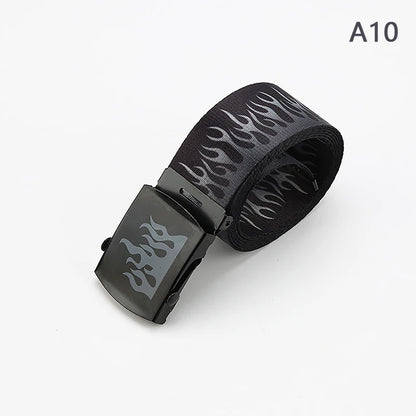 Hip Hop Fashion Canvas Belt – Personalized Flame Design, Casual & Punk Cowboy Belt for Men & Women