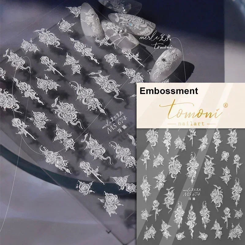 5D Gold Stamped Nail Art Stickers - Silver Sun Stars Snake Chinese Style Self-Adhesive Manicure Decals