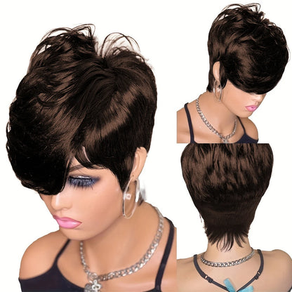 Pixie Cut Human Hair Wig for Women – Short Layered Wig with Bangs, Brazilian Real Full Machine-Made Hair Replacement