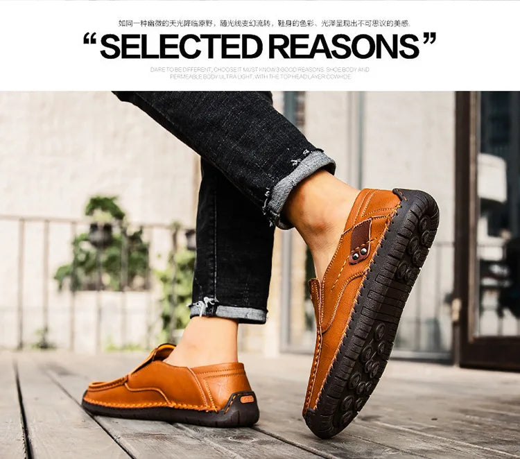 Handmade Leather Men’s Loafers – Casual Slip-On Flats, Comfortable Outdoor Walking Shoes