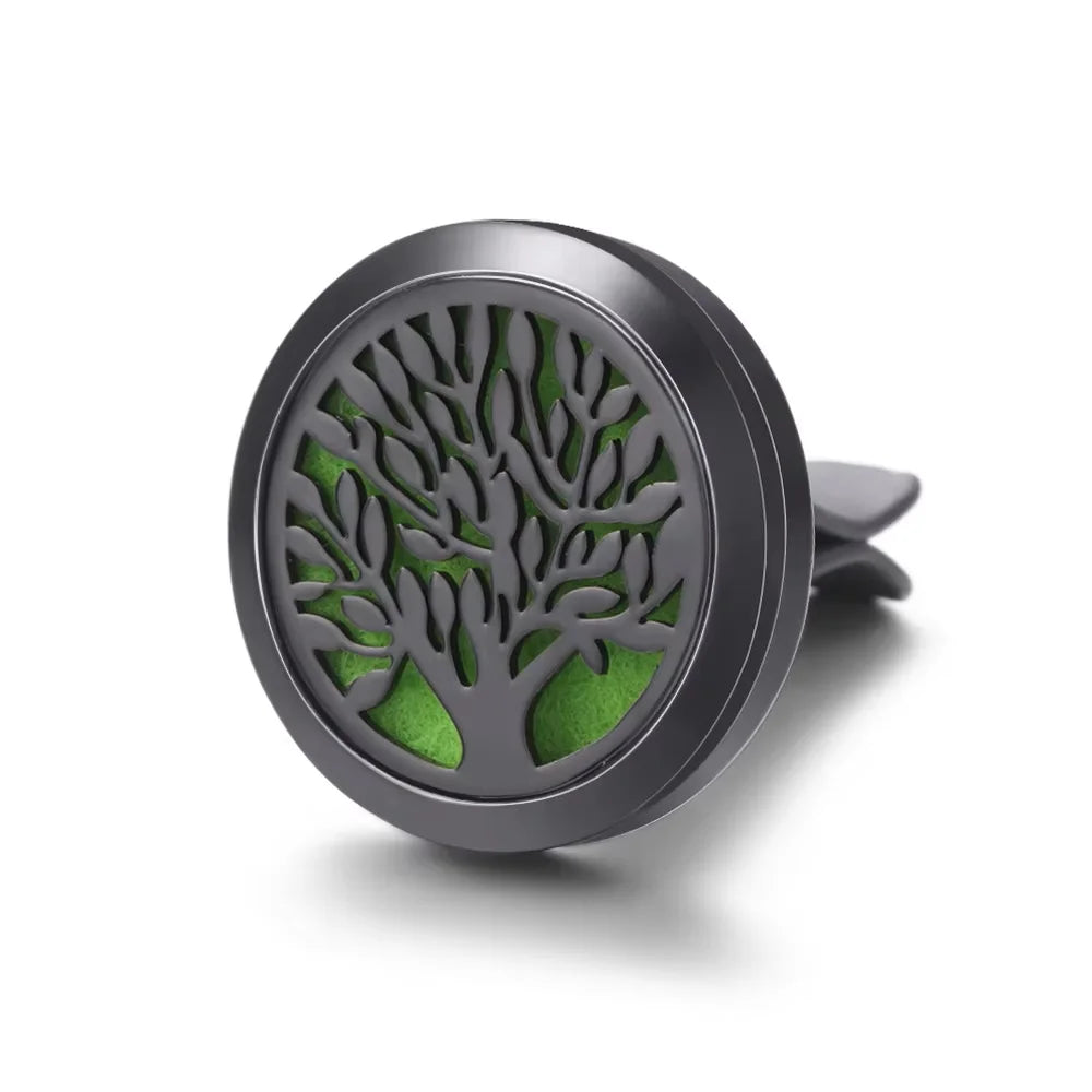 All-Black Tree of Life Car Air Freshener – Stainless Steel Aromatherapy Essential Oil Diffuser Locket Pendant