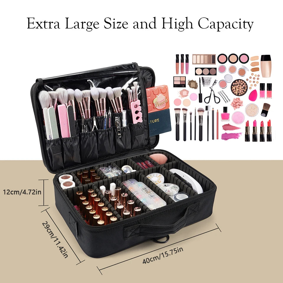 Professional Makeup Bag — Extra-Large Cosmetic Train Case with Brush Organizer, Storage Compartments & Dividers for Artists