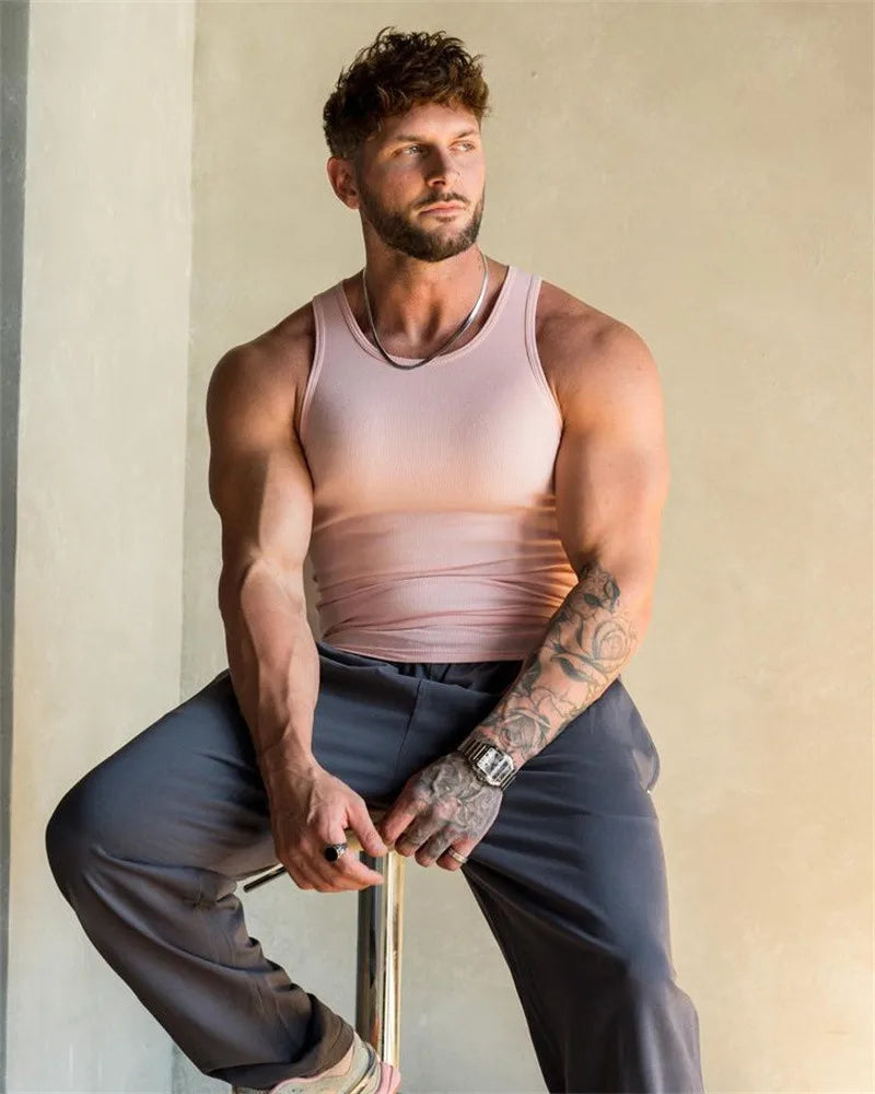 Men's 2026 Ice Silk Ribbed Vest - Slim Fit Sleeveless Fitness Sports Leisure Tank Top Solid Color Shirt