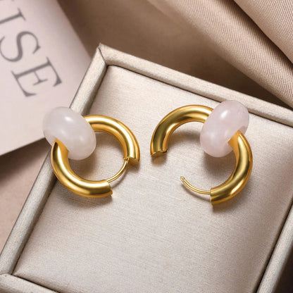Leopard Bead Opal Stainless Steel Hoop Earrings — Gold Color, Anti-Fading Wedding & Prom Jewelry for Women, Gift Accessory